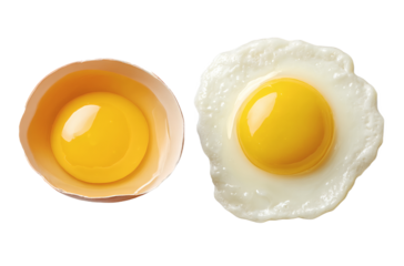 Two fresh eggs: an uncracked yolk in its shell and a sunny side up egg with a golden yolk and white.