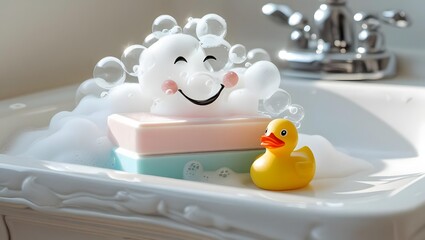 Soap bubble smile and little yellow duck in the bathtub