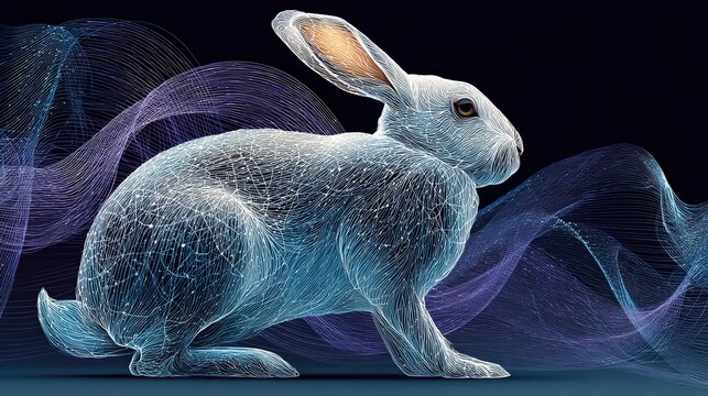 Experimental vaccine testing represented through a rabbit silhouette with swirling ribbons