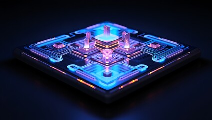 Quantum Computing Processor Unit with Interconnected Circuitry and Glowing Light Effects Representing Advanced Technology and Future Innovation in Dark Ambiance