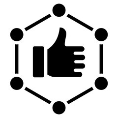 Approval Network Glyph Black Silhouette Icon Design Vector - Thumbs up inside a connected hexagonal structure showing approval, social validation, or peer endorsement in a networked system