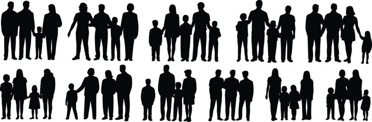Family silhouette vector set, parents and children, diverse family groups standing together, black isolated design for community, relationship, and social unity themes