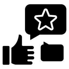 Customer Feedback Glyph Black Silhouette Icon Design Vector - thumbs-up icon with a speech bubble containing a star, representing user review and positive rating