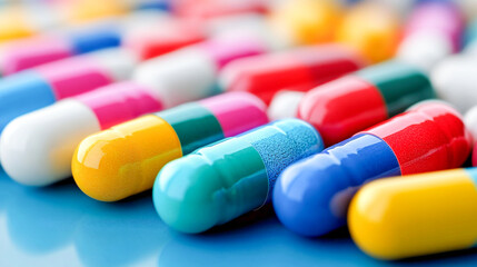 Assortment of colorful medicine capsules scattered on white surface pills spill from pharmacy bottles representing pharmaceutical industry and healthcare