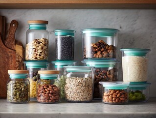 Stylish and Organized Kitchen Storage Containers Displayed with Ingredients for Meal Prep and Healthy Eating