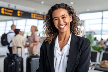 Fototapeta premium A bright airport boarding gate area where a flight attendant stands smiling, greeting arriving passengers