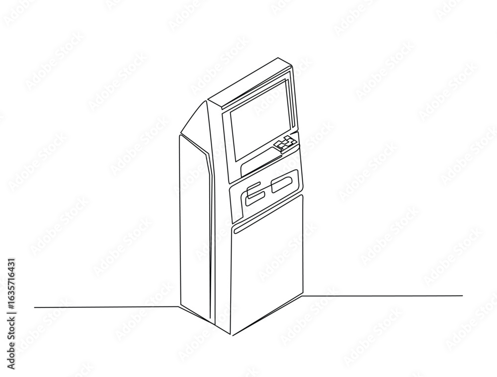 Poster continuous line art drawing of atm bank machine. automated teller machine in single line art drawing