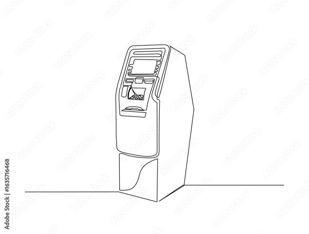 Poster continuous line art drawing of atm bank machine. automated teller machine in single line art drawing