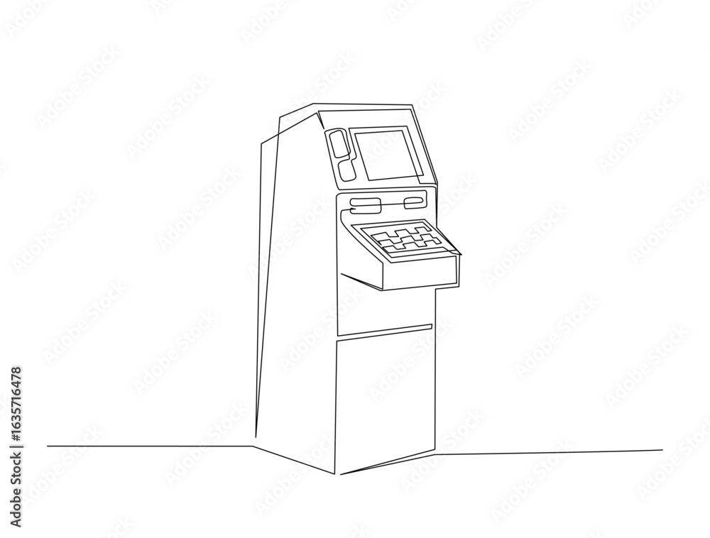 Poster continuous line art drawing of atm bank machine. automated teller machine in single line art drawing