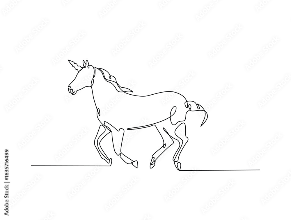 Poster continuous line art drawing of unicorn with horn. unicorn in single line art drawing vector illustra