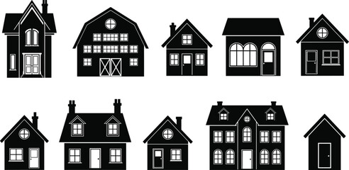 Vector illustration of different house silhouettes and building shapes, home icon collection including cottages, townhouses, barns, and cabins for architecture, real estate, and design