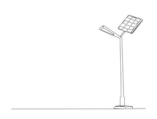 Continuous line art drawing of street lamp with solar panel. Street light in single line art drawing vector illustration. Editable stroke. © Line addict