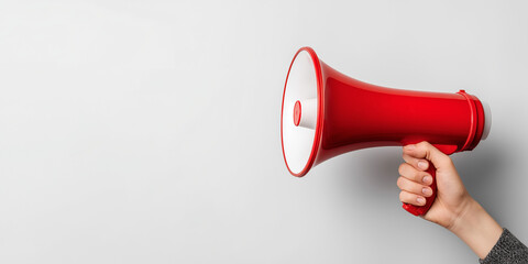 Hand holds a red and white megaphone up, perfect for promotions, announcements, marketing, and communication concepts in design projects.