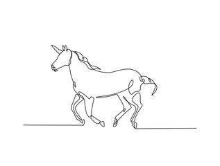Continuous line art drawing of unicorn with horn. Unicorn in single line art drawing vector illustration. Editable stroke.