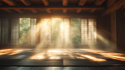 Atmospheric 3d rendering of a traditional japanese dojo interior with tatami mats shoji screens and wooden beams bathed in soft hazy light creating a serene ambiance