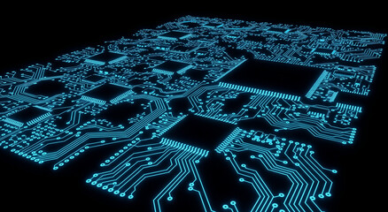 Glowing blue circuit board on black background. Ideal for technology and digital innovation concepts, websites, and presentations.