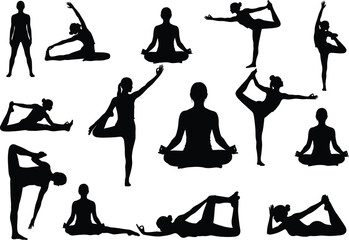 Collection of diverse yoga poses in silhouette form showcasing flexibility strength and balance in a clean white background