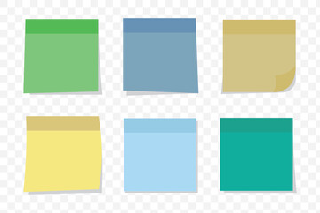 Multicolor post it notes isolated on transparent background. Colored sticky note set. Vector realistic illustration. Sticky note collection with curled corners and shadows.