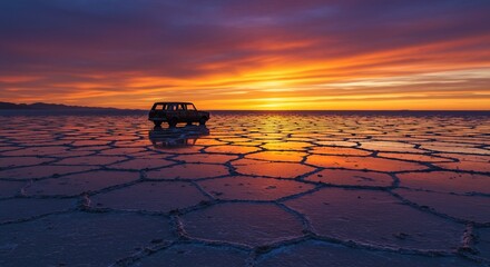Stunning sunset over salt flats with vintage car silhouette, inspiring travel adventure