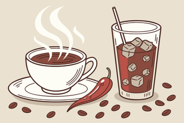 Obraz premium A cup of hot coffee with steam and a glass of iced coffee with chili and coffee beans scattered around