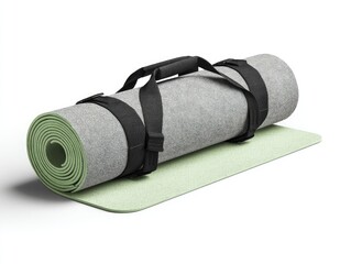 Rolled gray yoga mat with black straps