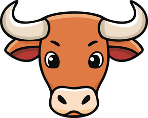 Cartoon illustration of a bull's head with large horns, big eyes, and a friendly expression.