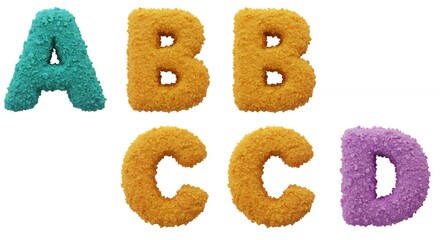 Colorful fuzzy letters a b c and d isolated on white background