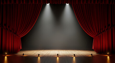 Experience the magic of a dramatic stage presentation with elegant red curtains and spotlight illumination, ready for your performance.
