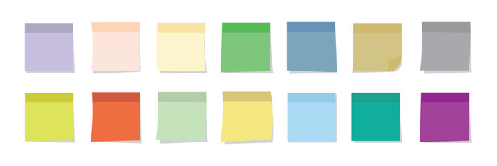 Multicolor post it notes isolated on transparent background. Colored sticky note set. Vector realistic illustration. Sticky note collection with curled corners and shadows eps 10