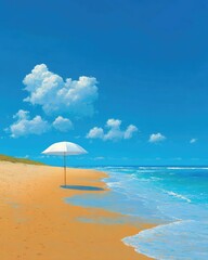 Sunny beach scene with white umbrella
