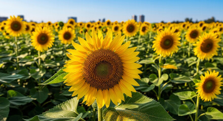 Fototapeta premium Close-up of a vibrant sunflower in a large field on a sunny day with a city skyline in the distant background