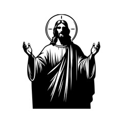 Beautiful black and white silhouette of Jesus Christ in glory pose, symbolizing hope, blessing, light, and eternal faith