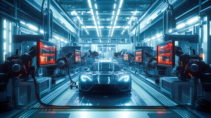 Fototapeta premium Automotive precision robotic arms assemble sleek electric vehicles on hightech production line holographic displays monitor progress futuristic factory setting