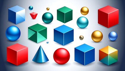 Collection of 3D geometric shapes in vibrant colors