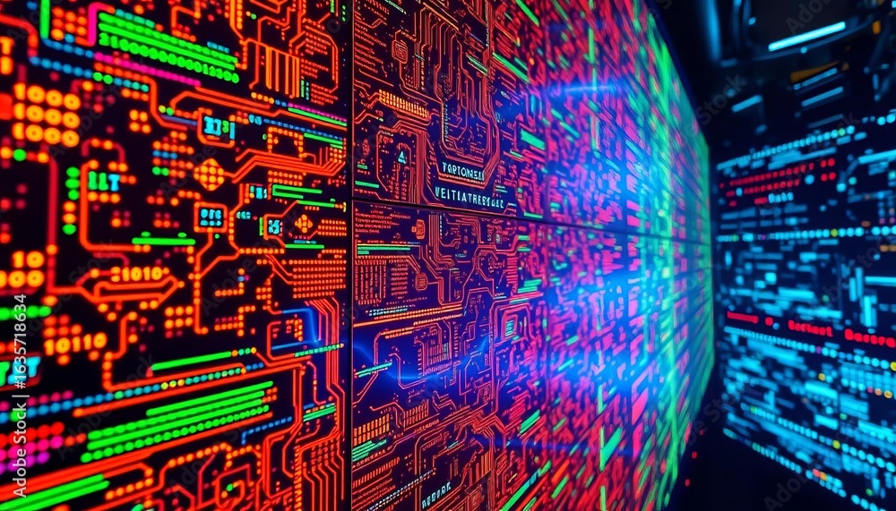 Fototapete intricate digital wall, vibrant screens display complex data streams, glowing circuits, binary code,