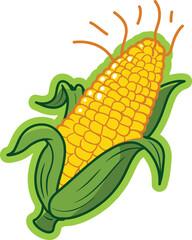 Cartoon corn on the cob with silk strands – bright yellow maize illustration, green husk vegetable clipart, organic farm food icon, vector style graphic
