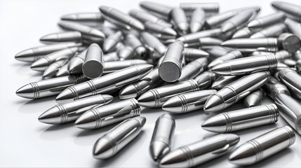 A pile of silver colored bullets scattered on a white surface in a studio shot close up view style