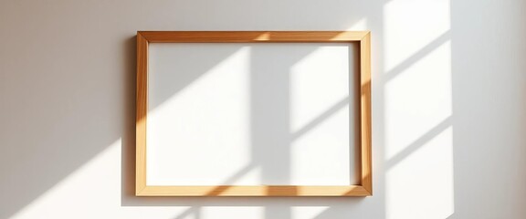 Empty picture frame on white wall, sunlight illuminates dust motes, clean, photography