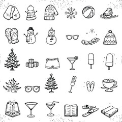 Seasonal Icon Grid – Hand-Drawn Winter and Summer Elements Including Clothing, Drinks, Sports, and Decor
