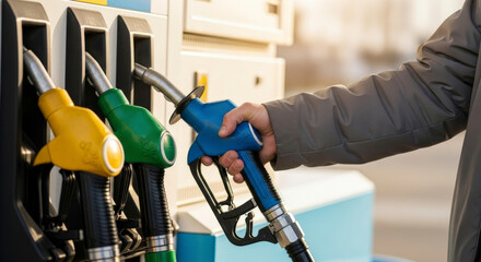 Man's hand picking up a blue fuel nozzle at a gas station, with other colorful nozzles in the background