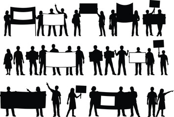 Diverse group of people in silhouette holding protest banners and signs demonstrating for a cause or event