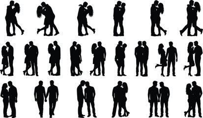 Vector silhouette illustration of bride and groom wedding couples in romantic poses, marriage ceremony design elements for invitations, decoration, print and digital projects