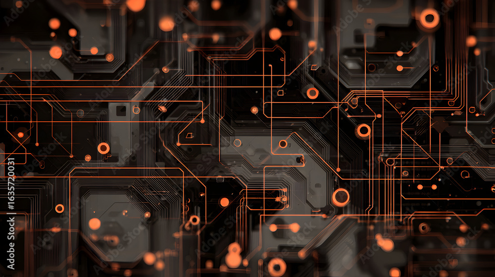 Poster abstract electronic circuit board design illuminated orange lines for technological innovation or di