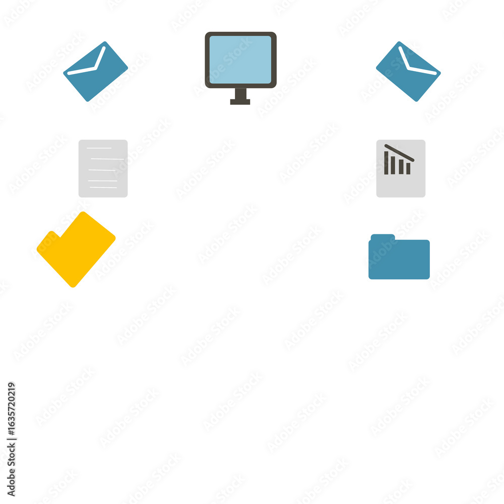 Poster floating icons of document, folder, computer, and files on transparent background. minimalist and cl