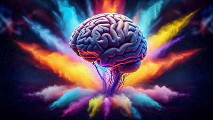 Obraz premium Vibrant Brainpower: Abstract 3D Render of Exploding Colorful Brain, Neuroscience Concept