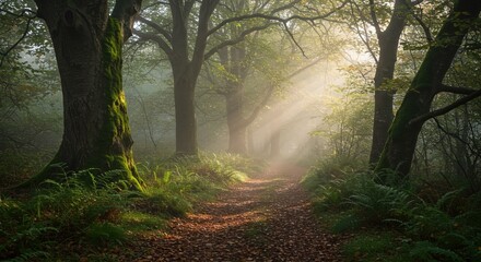 Obraz premium Sunlight streams through trees on a forest path creating a stunning, peaceful landscape scene