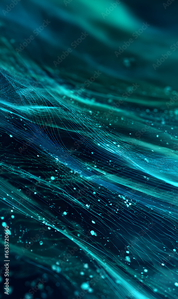 Poster captivating teal and turquoise textured background with flowing digital lines and shimmering particl