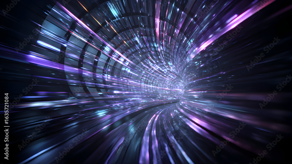 Poster abstract light speed wormhole journey with digital streaks within a curved tunnel showing futuristic