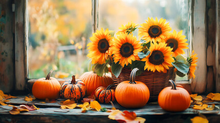 Autumnal still life vintage style composition with harvest bounty watercolor pumpkins sunflowers warm earth tones nostalgic thanksgiving aesthetic