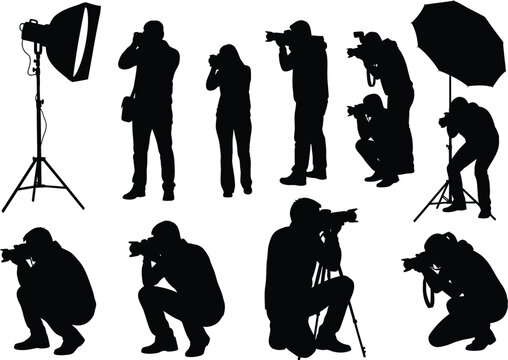Silhouettes of photographers with cameras and lighting equipment capturing moments in various poses and actions